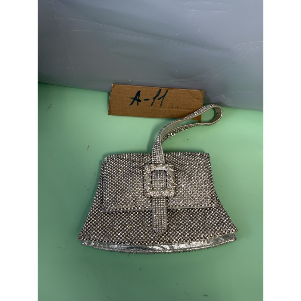 Rhinestone Evening Clutch Handbag Silver Tone Magnetic Snap Detachable Chain